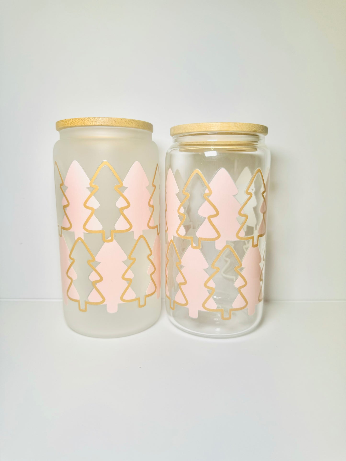 Pink Trees Christmas 16oz Glass Cup with Vibrant DTF Wrap