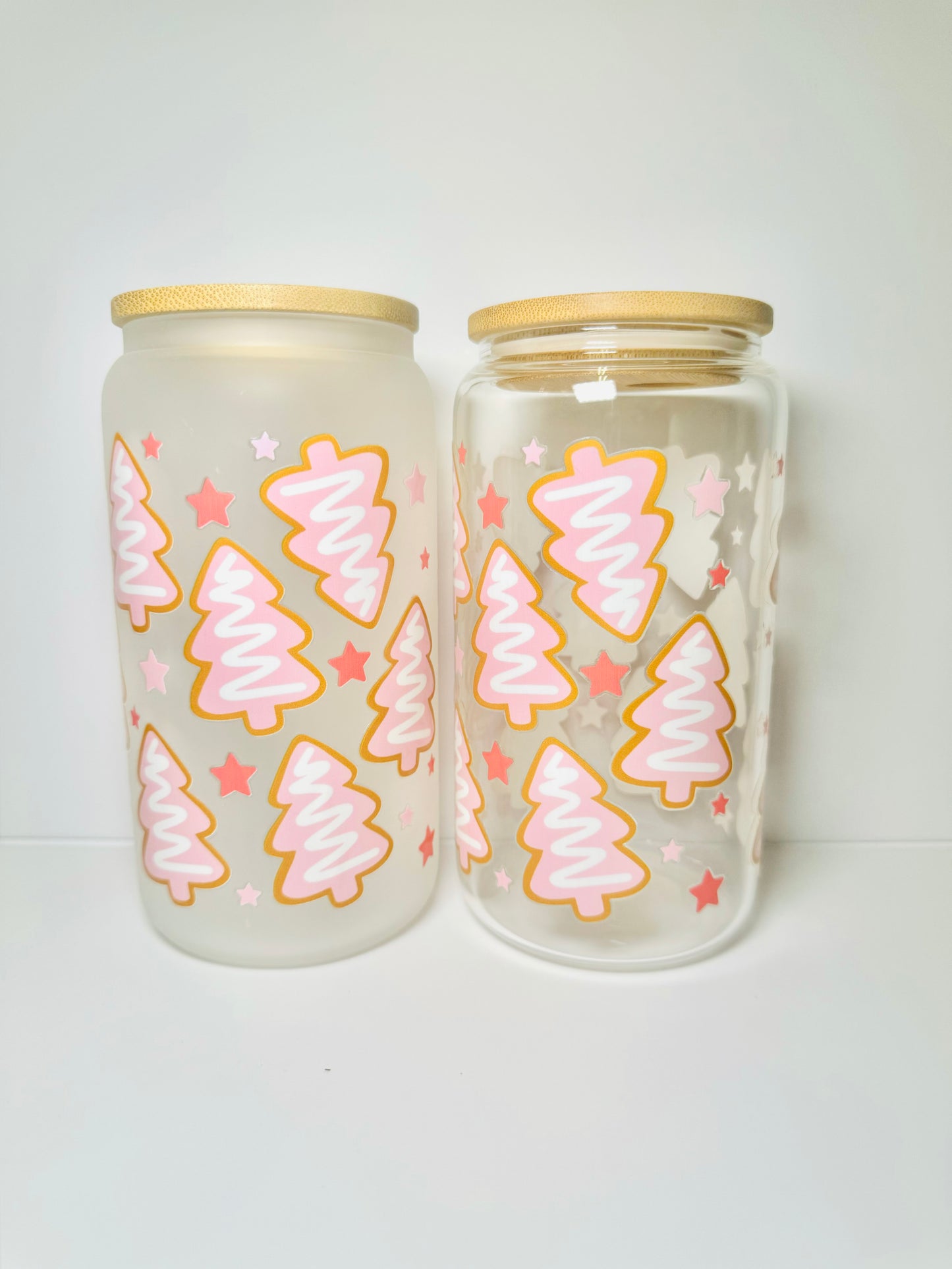 Frosted Pink Trees Christmas 16oz Glass Cup with Vibrant DTF Wrap