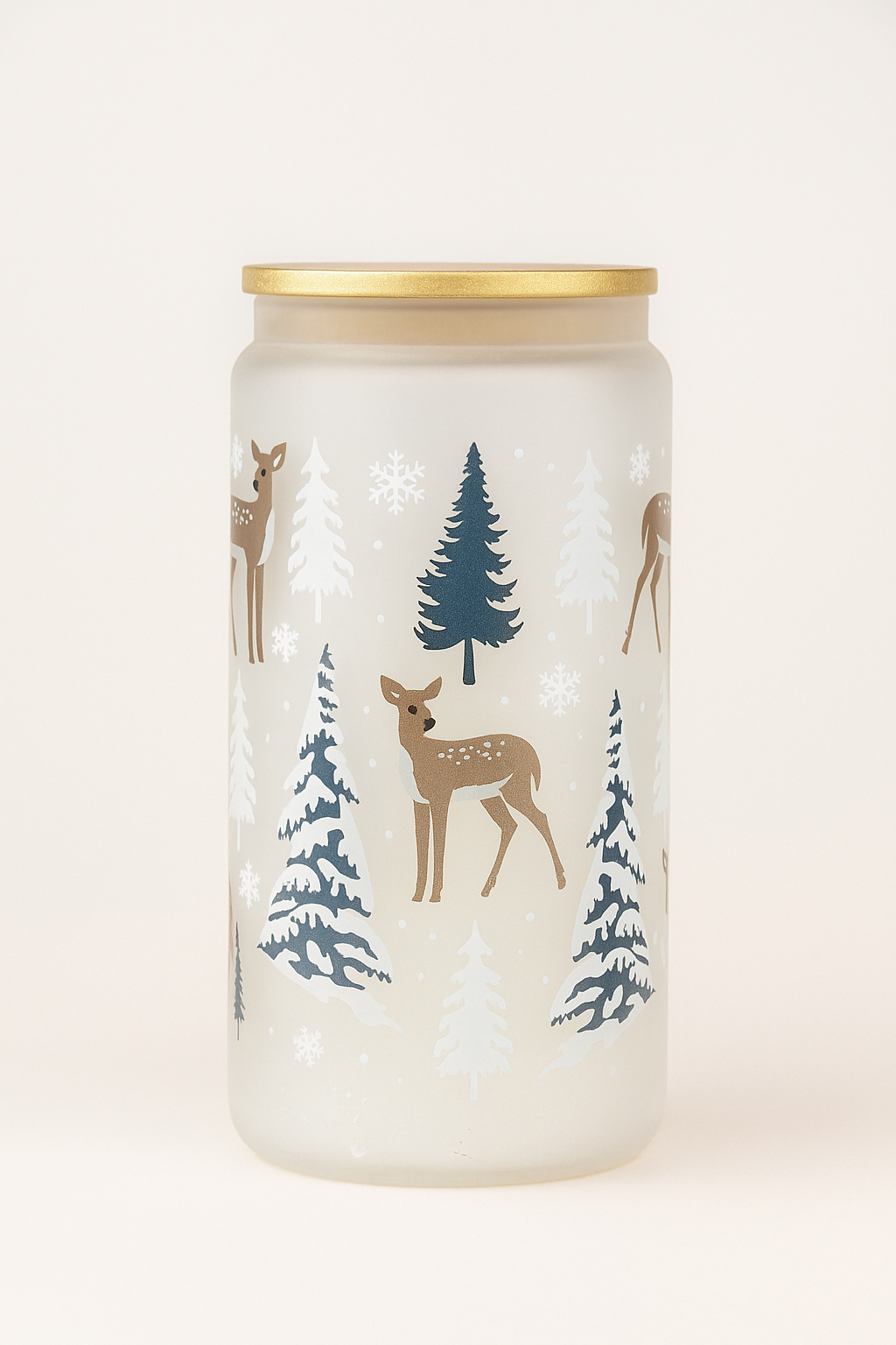 Winter Woodland Glass Cup – 16oz Frosted Deer & Trees Design