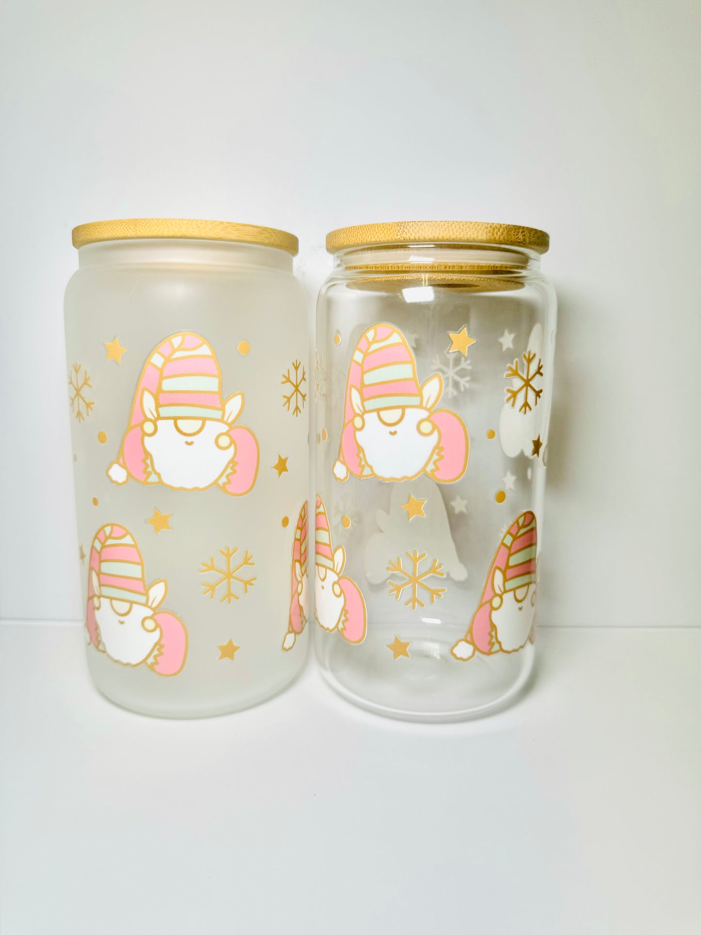 Gnomes Christmas 16oz Glass Cup with Vibrant DTF Wrap