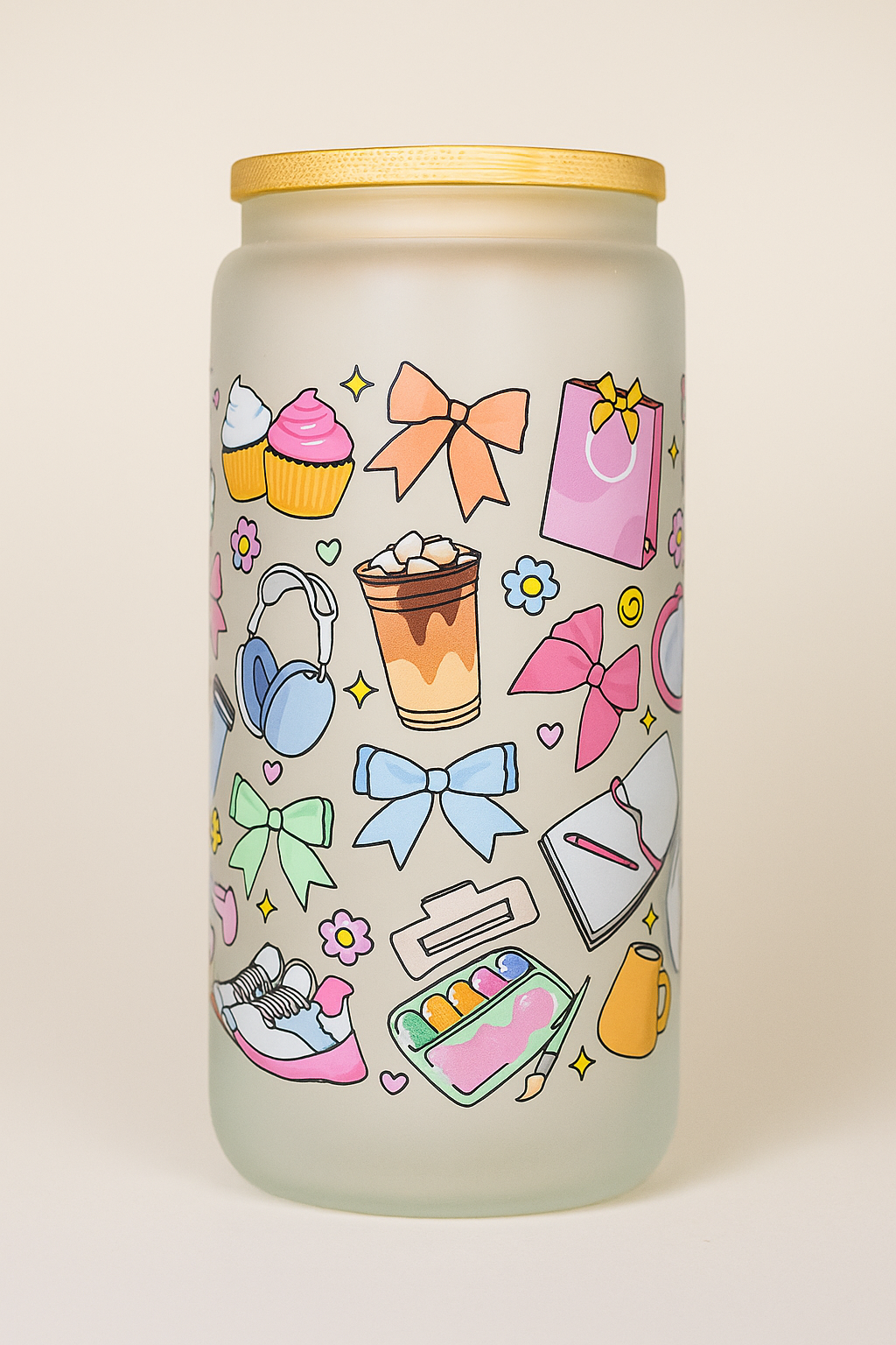 ✨ Cozy Pastel Life Glass Cup | 16oz Frosted Glass Tumbler with Bamboo Lid