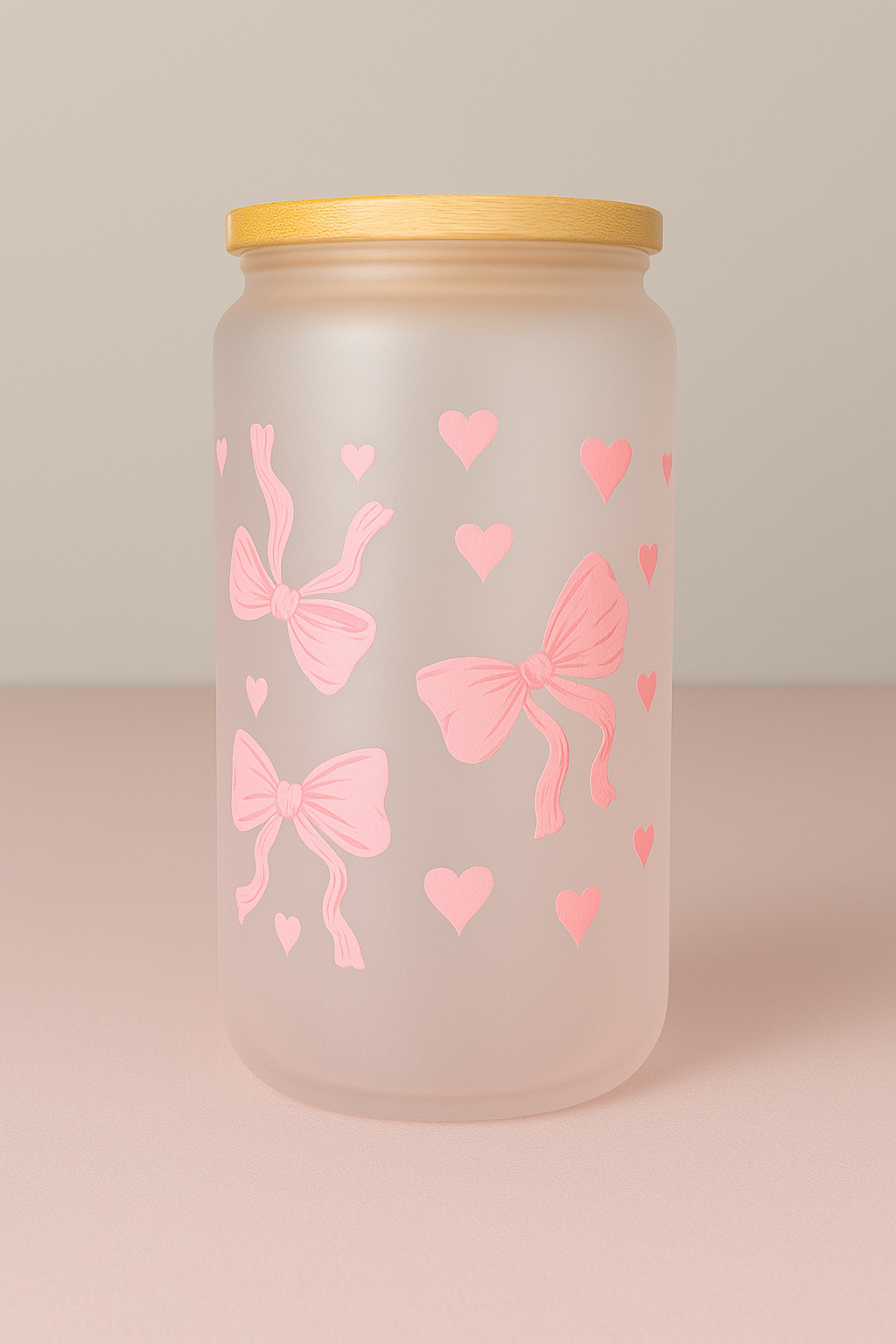 ๐ Pink Bows & Hearts Frosted Glass Cup