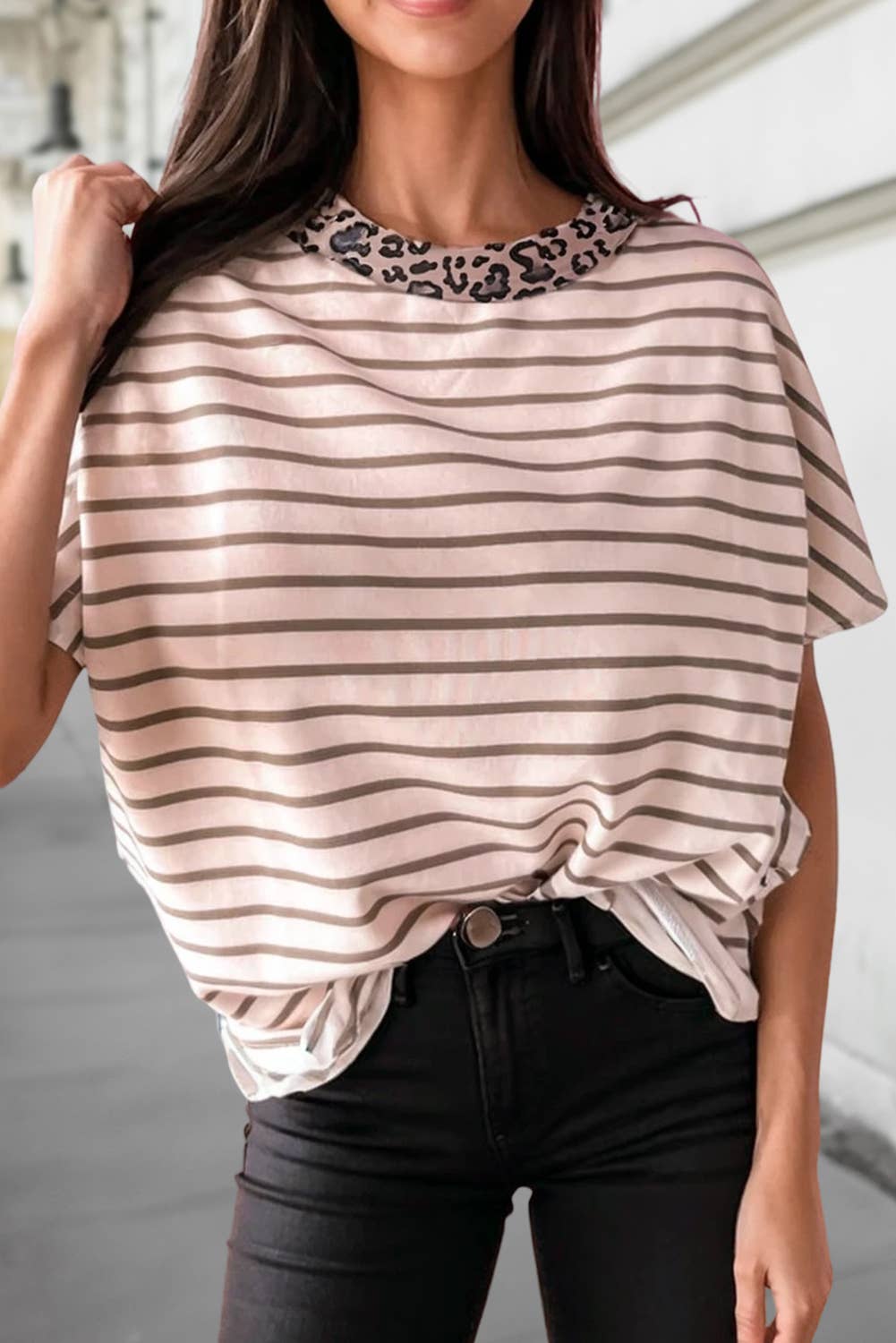 Stripe Leopard Patchwork Round Neck Loose T Shirt | S-XL