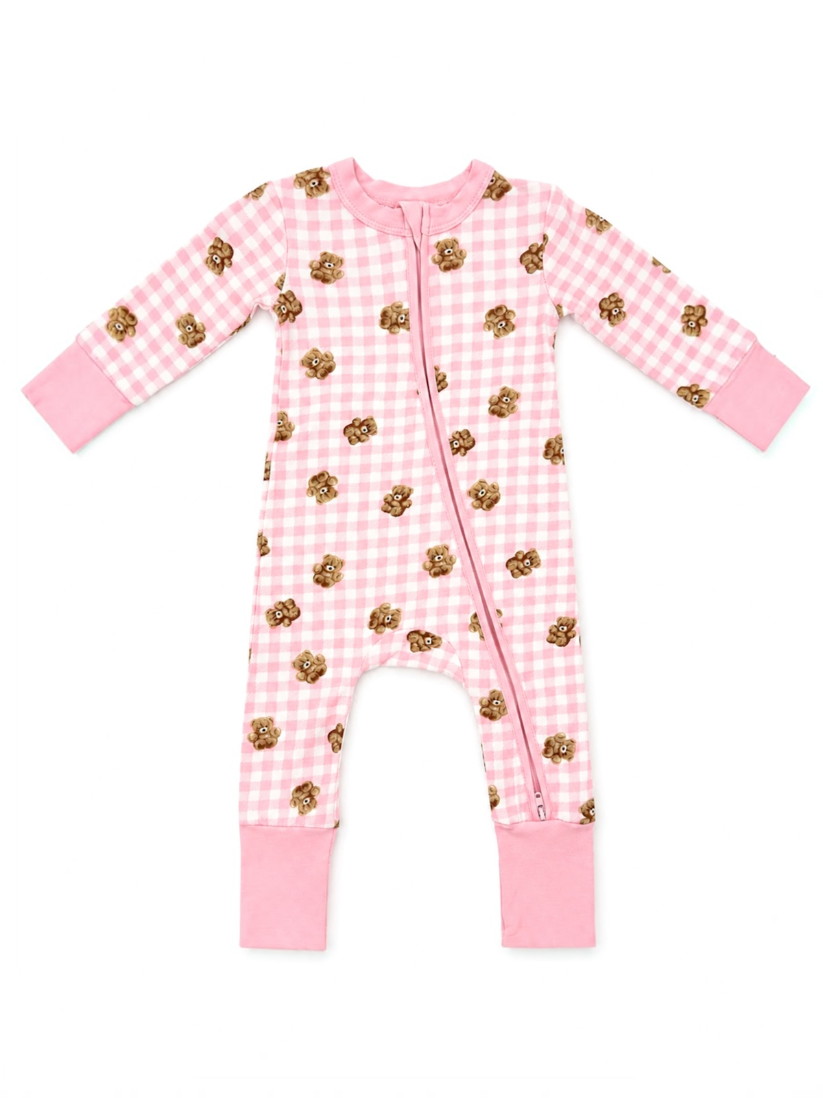 Pink Gingham Teddy Bear Zip-Up Baby Romper