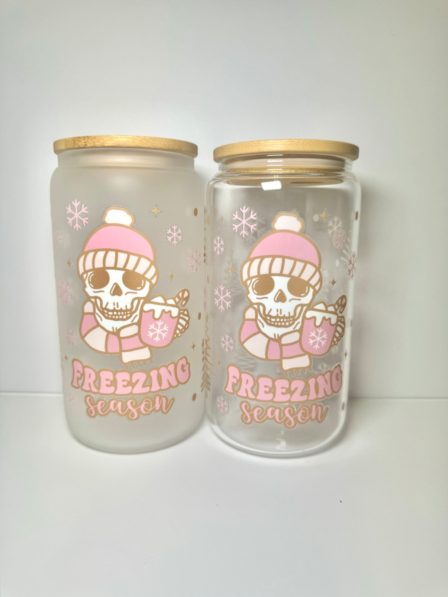 Freezing Season Christmas 16oz Glass Cup with Vibrant DTF Wrap