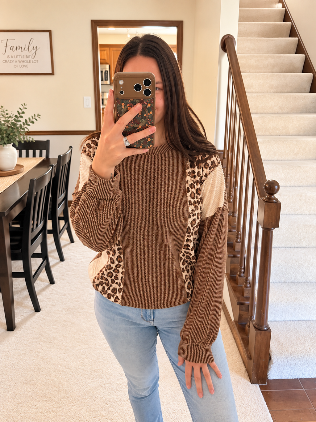 Mocha Leopard Print Colorblock Knit Pullover