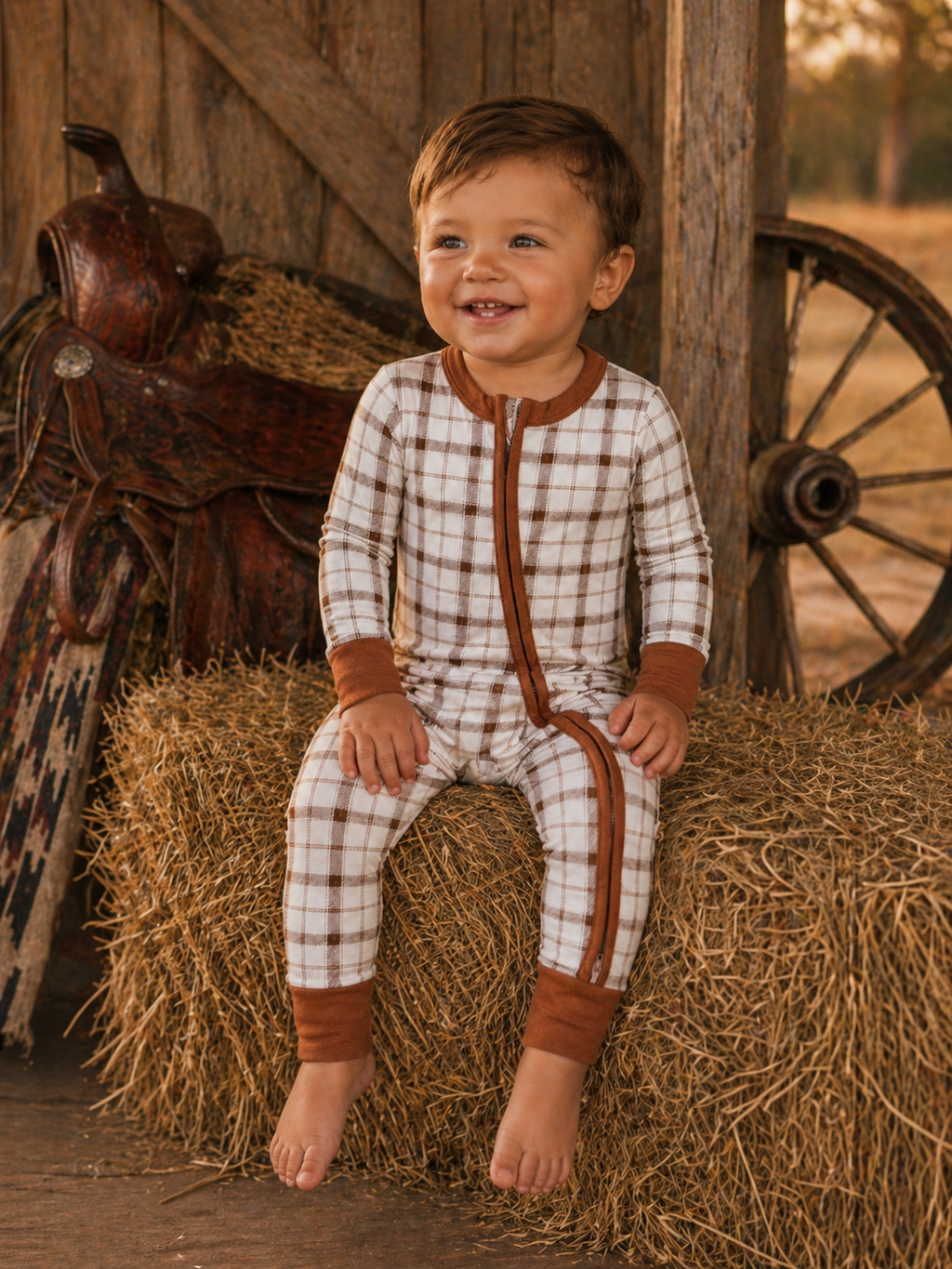 Rust & Cream Plaid Zip-Up Baby Romper
