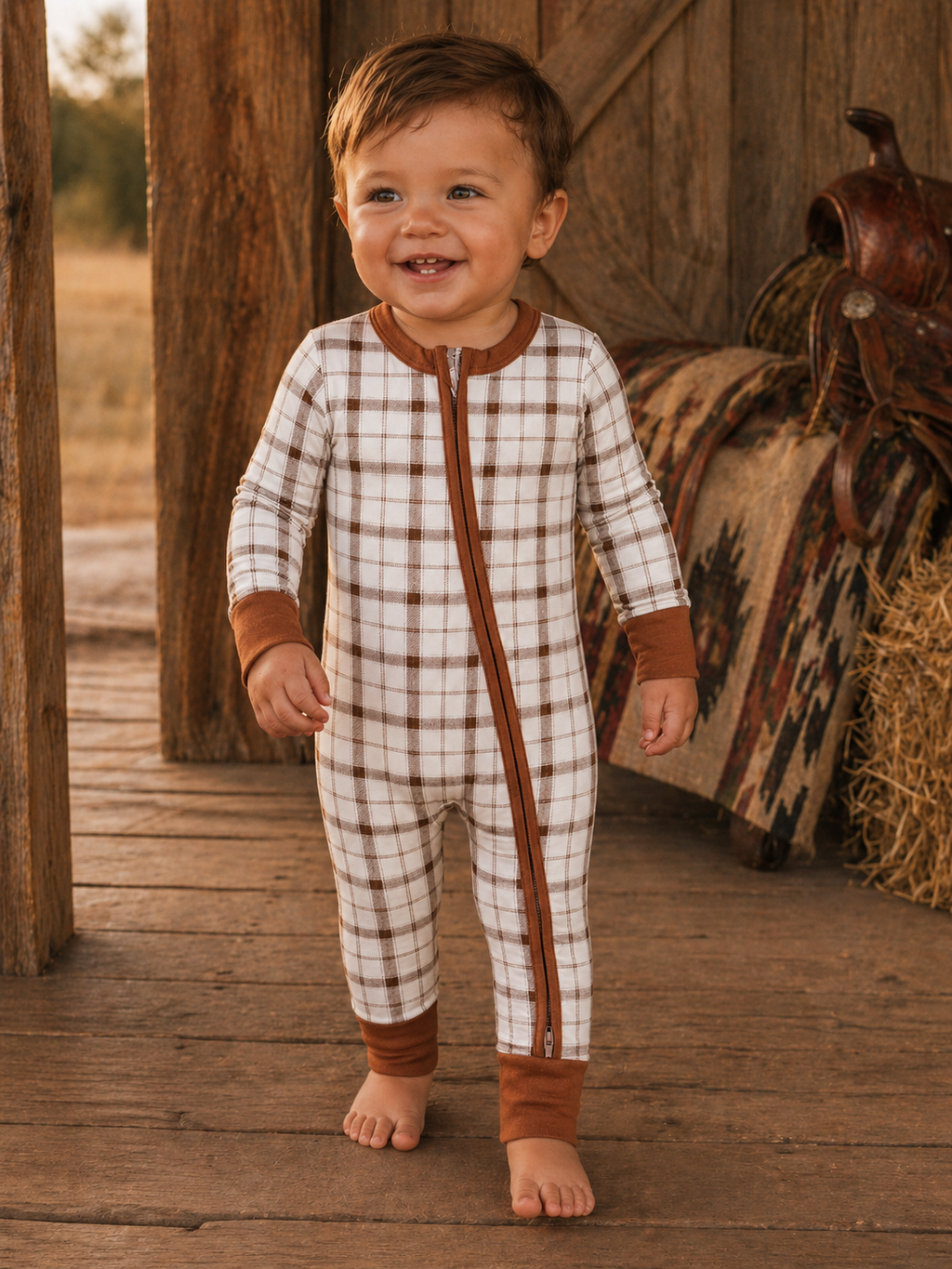 Rust & Cream Plaid Zip-Up Baby Romper