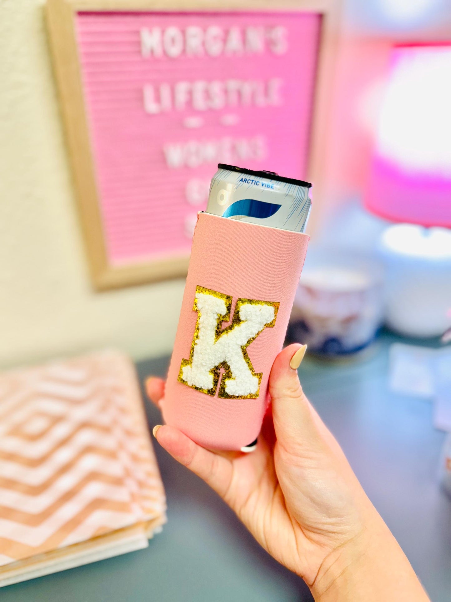 Skinny Can Cooler with Initials Letter Patches for Women and Girls - Perfect for Drinkware and Water bottles