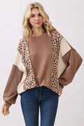 Mocha Leopard Print Colorblock Knit Pullover