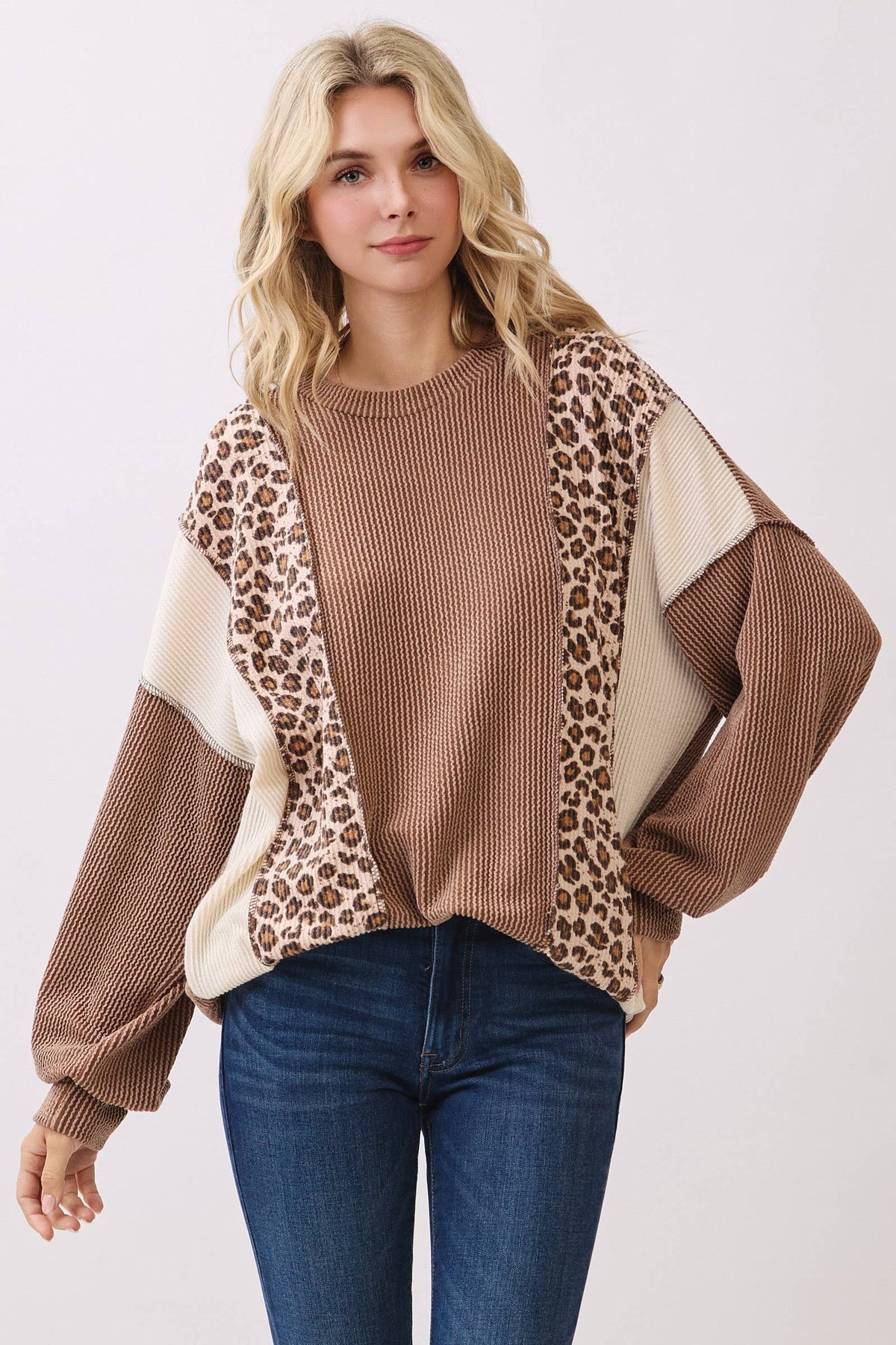 Mocha Leopard Print Colorblock Knit Pullover