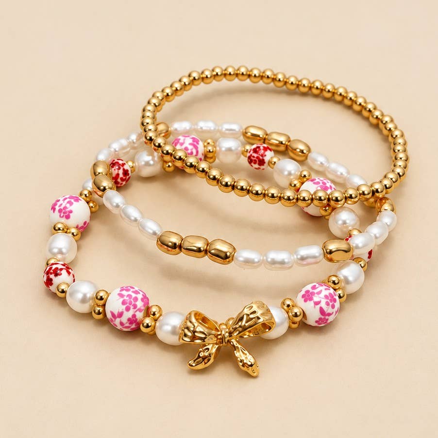 Pink Floral & Pearl Bow Bracelet Stack
