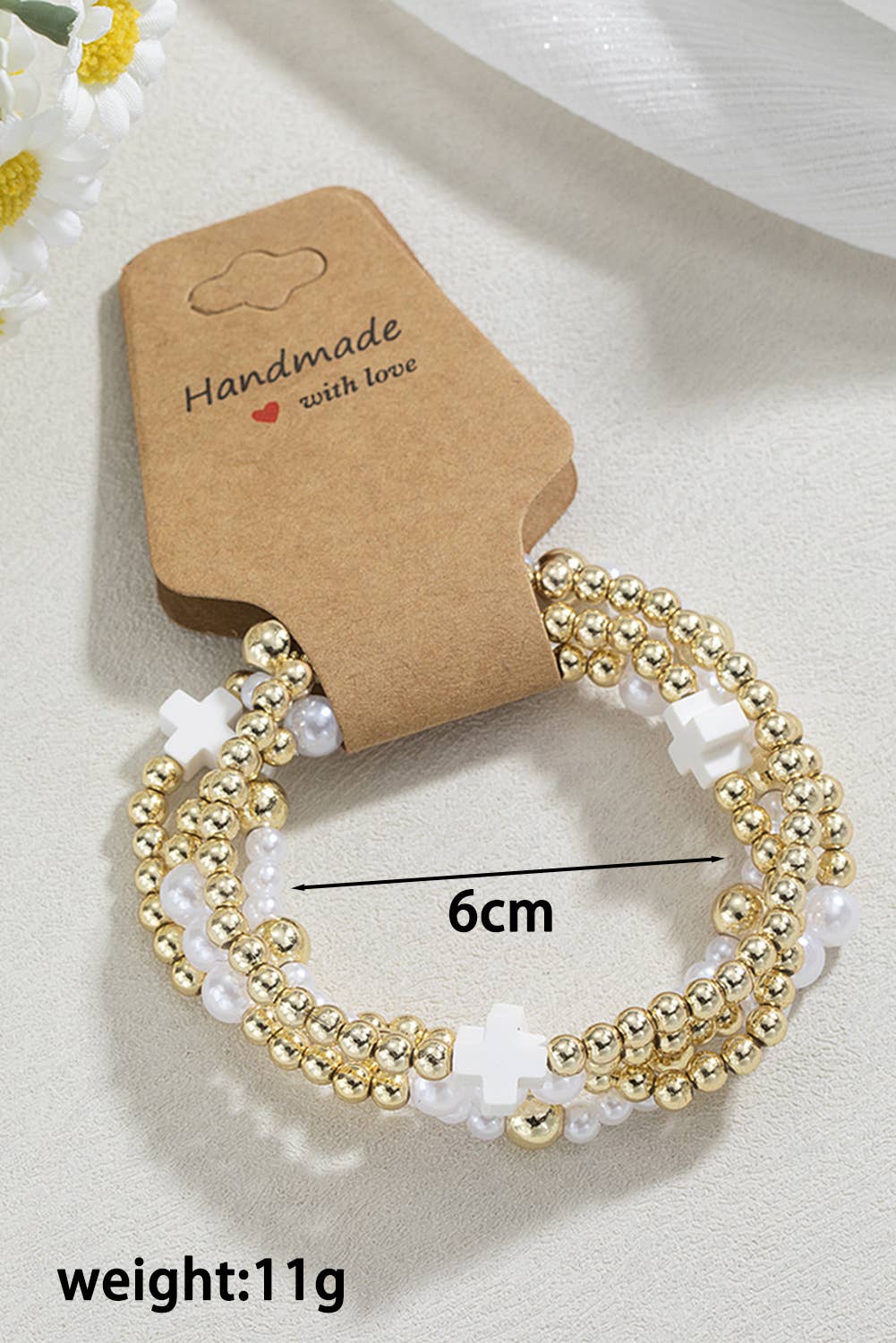 Multi Layered Cross Pearl Decor Beaded Elastic Bracelet