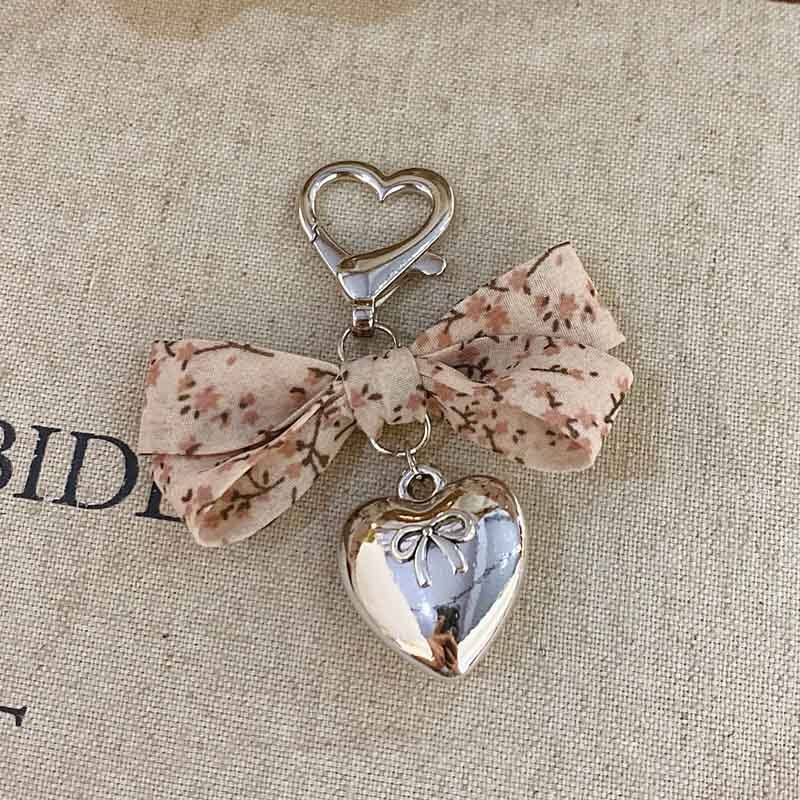 Elegant Floral Print Bow Heart Keychain Charms DP25F586