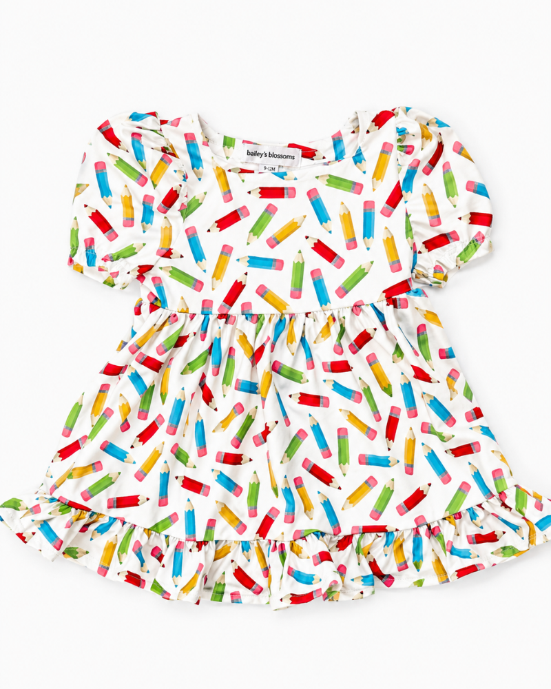 📚 Pencil Print Ruffle Dress