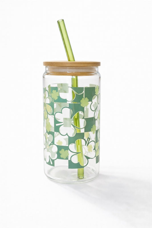 Lucky Shamrock Glass Cup with Bamboo Lid & Straw