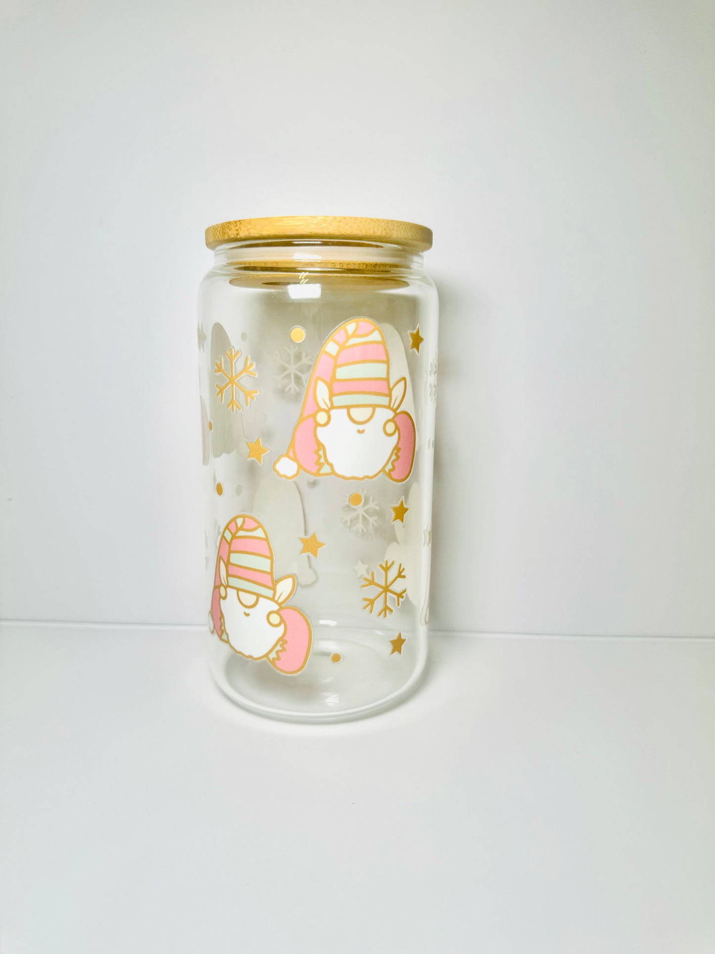 Gnomes Christmas 16oz Glass Cup with Vibrant DTF Wrap