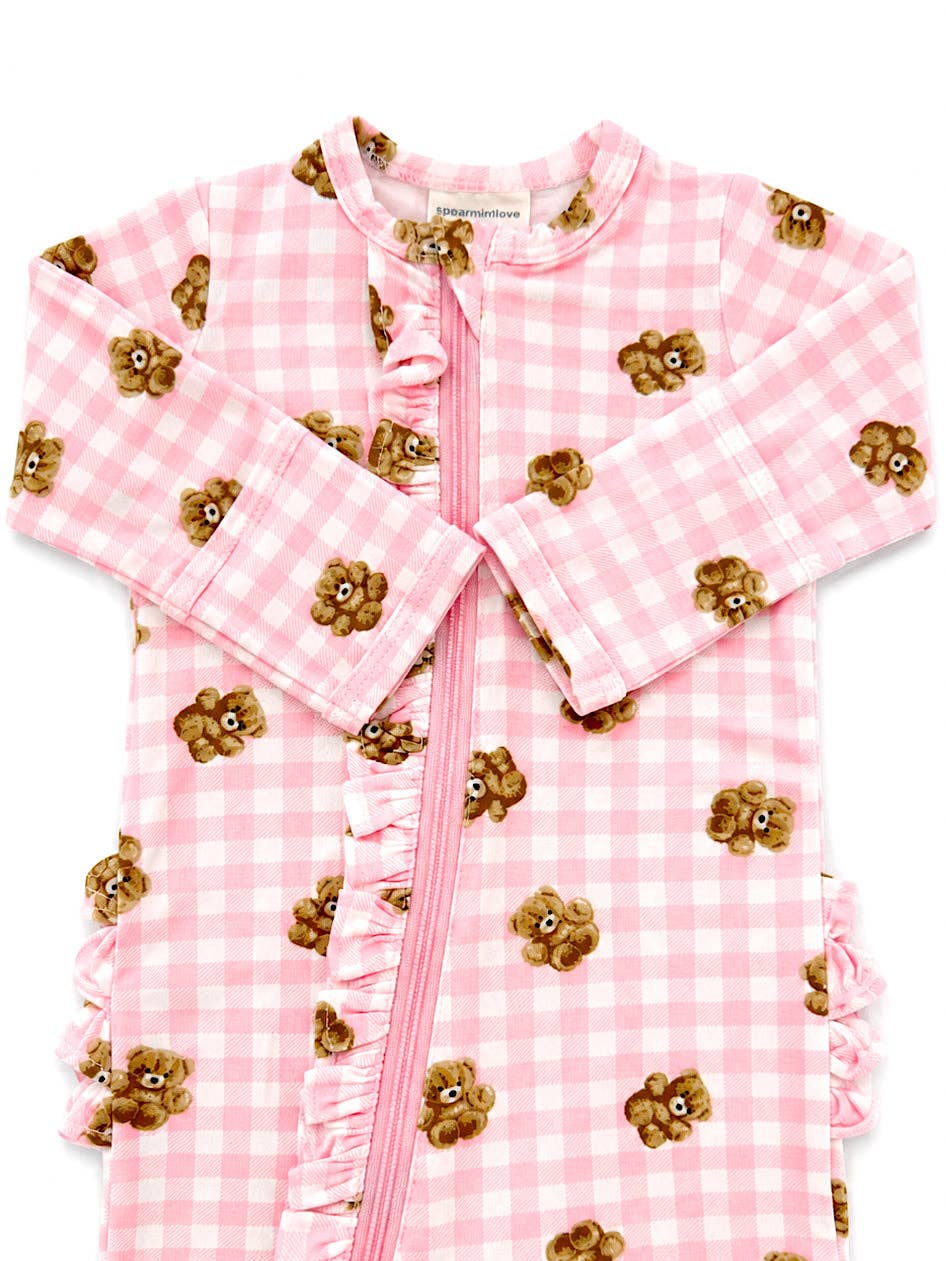 Pink Gingham Teddy Bear Ruffle Zip-Up Footie