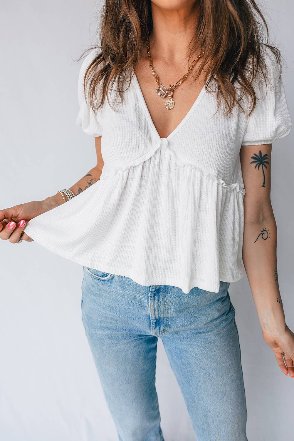 Textured Knit V Neck Back Bow Knot Top | S-XL