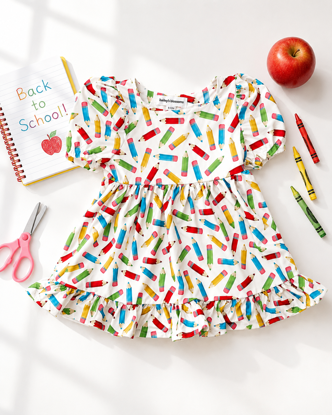 📚 Pencil Print Ruffle Dress