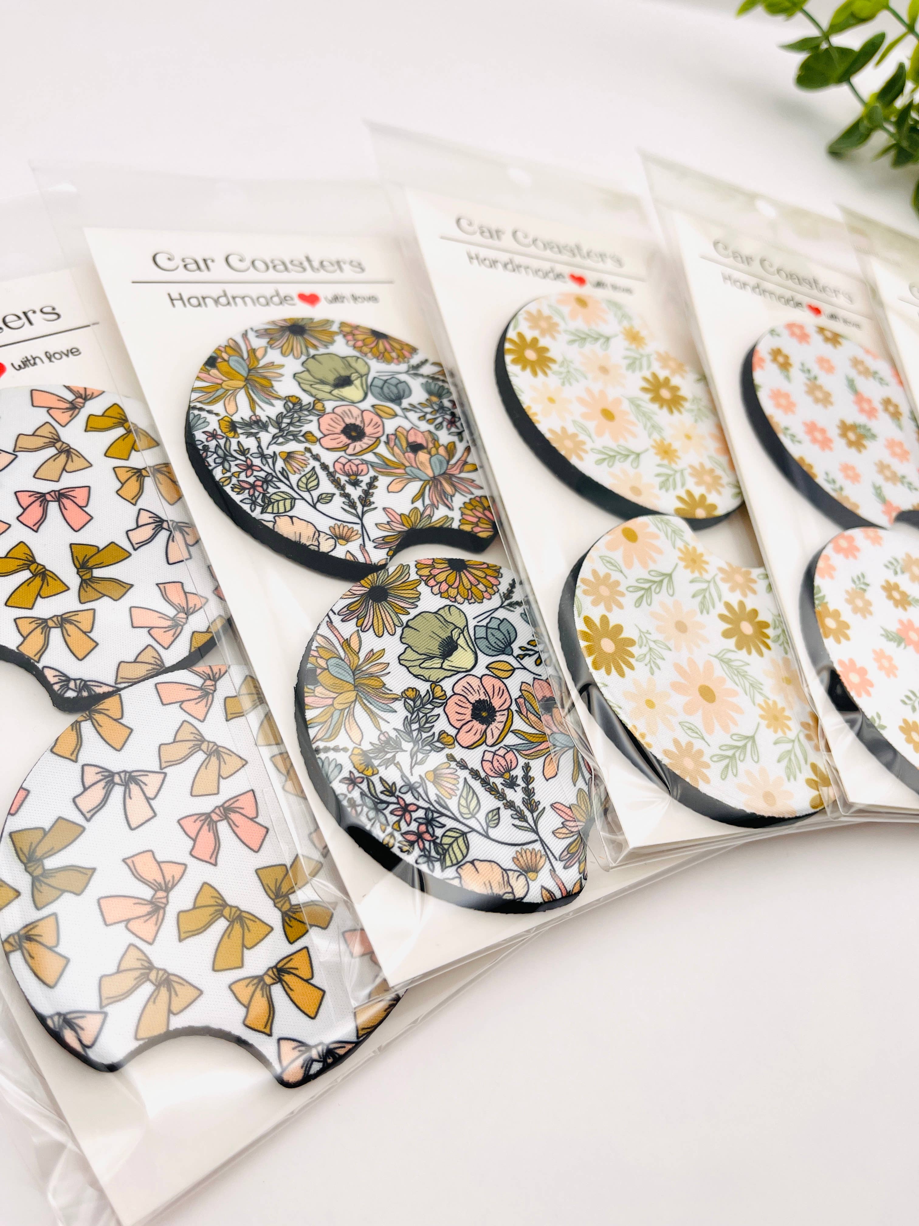 Car Coasters – Set of 2 | Neutral Floral & Bow Prints Summer