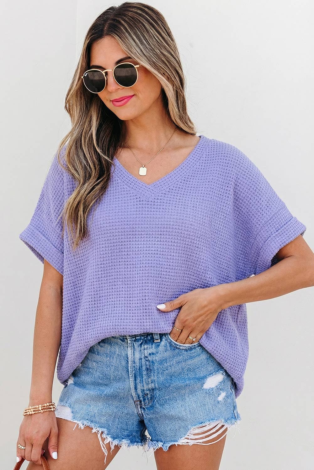 Waffle Texture V Neck Short Sleeve Knit Top | S-XL