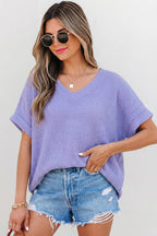 Waffle Texture V Neck Short Sleeve Knit Top | S-XL