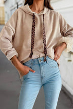 Textured Lace/Leopard Drawstring Baggy Hoodie