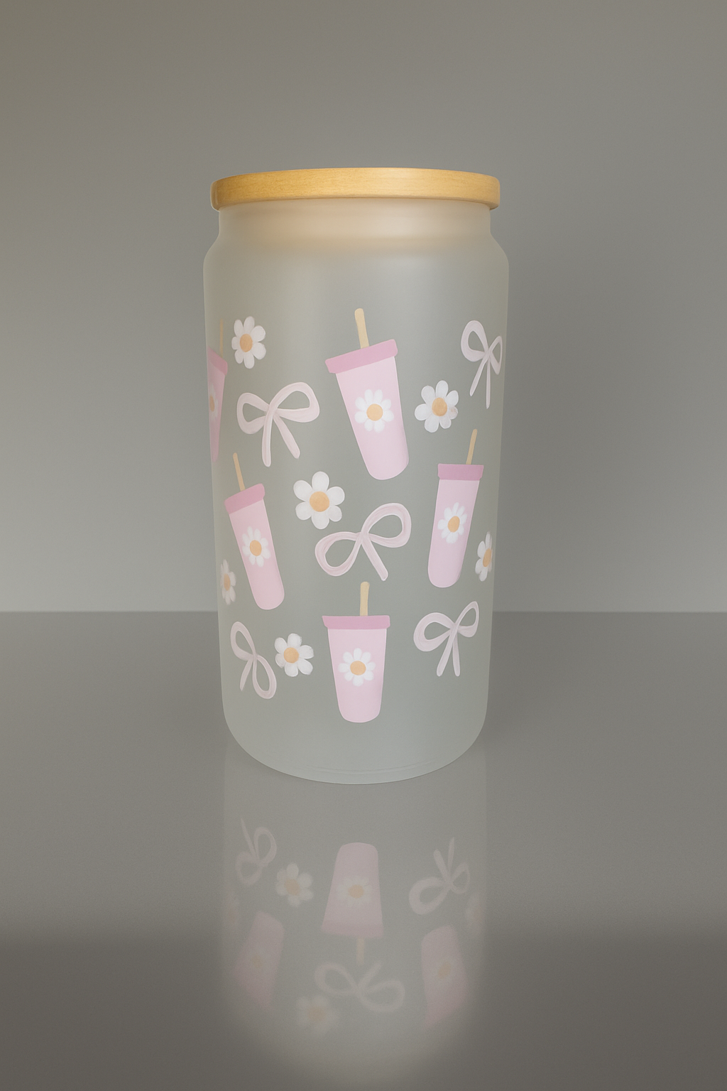💕 Pink Cups, Bows & Daisies Frosted Glass Cup