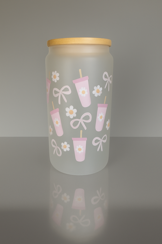 💕 Pink Cups, Bows & Daisies Frosted Glass Cup