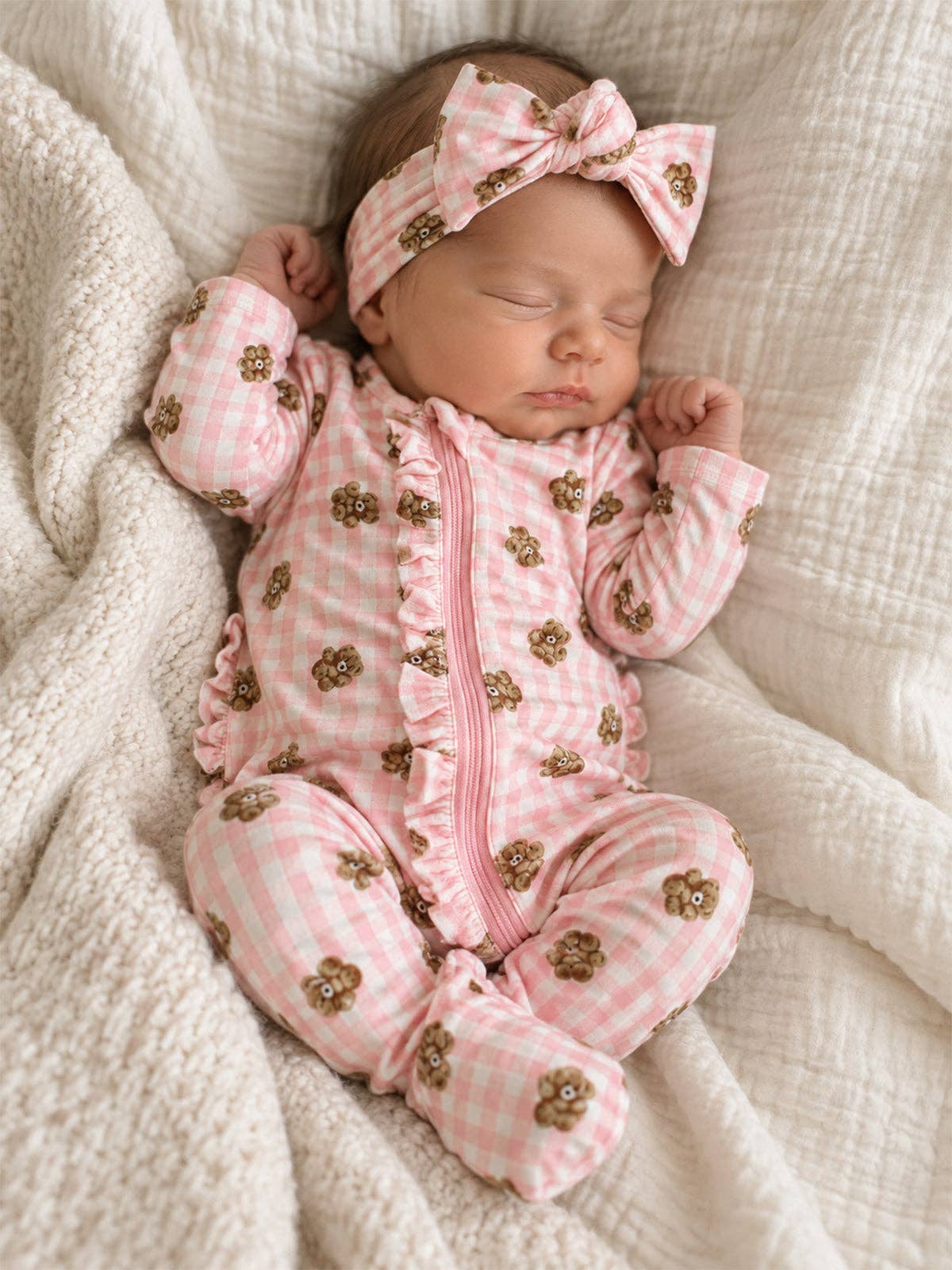 Pink Gingham Teddy Bear Ruffle Zip-Up Footie