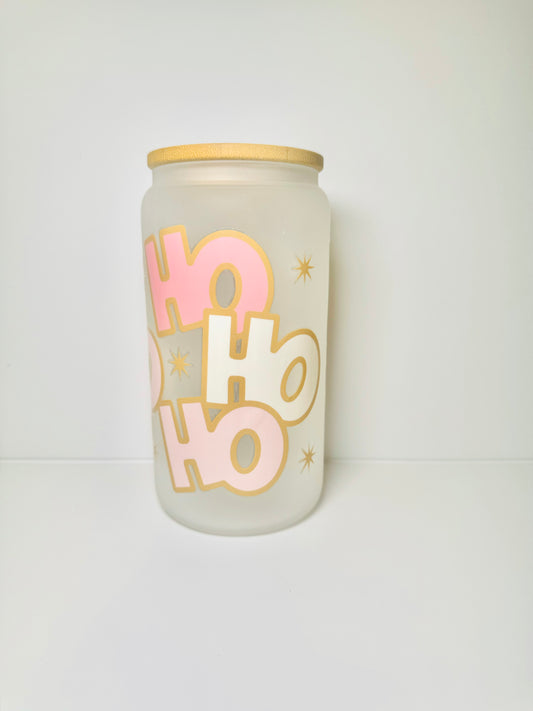 HoHoHo Christmas 16oz Glass Cup with Vibrant DTF Wrap