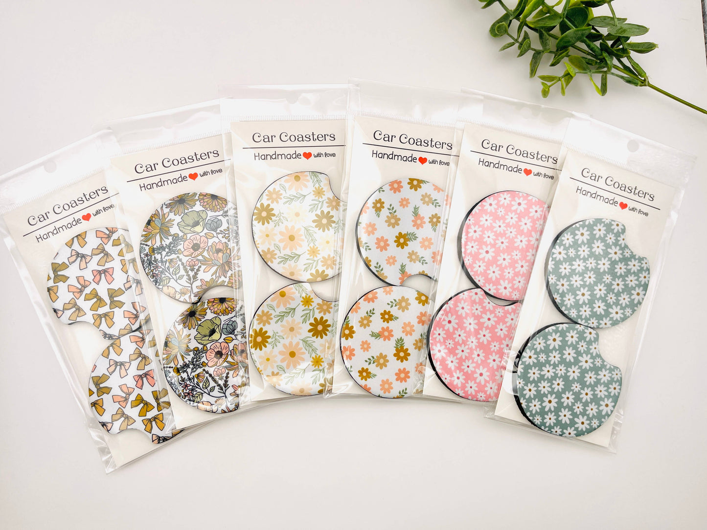 Car Coasters – Set of 2 | Neutral Floral & Bow Prints Summer