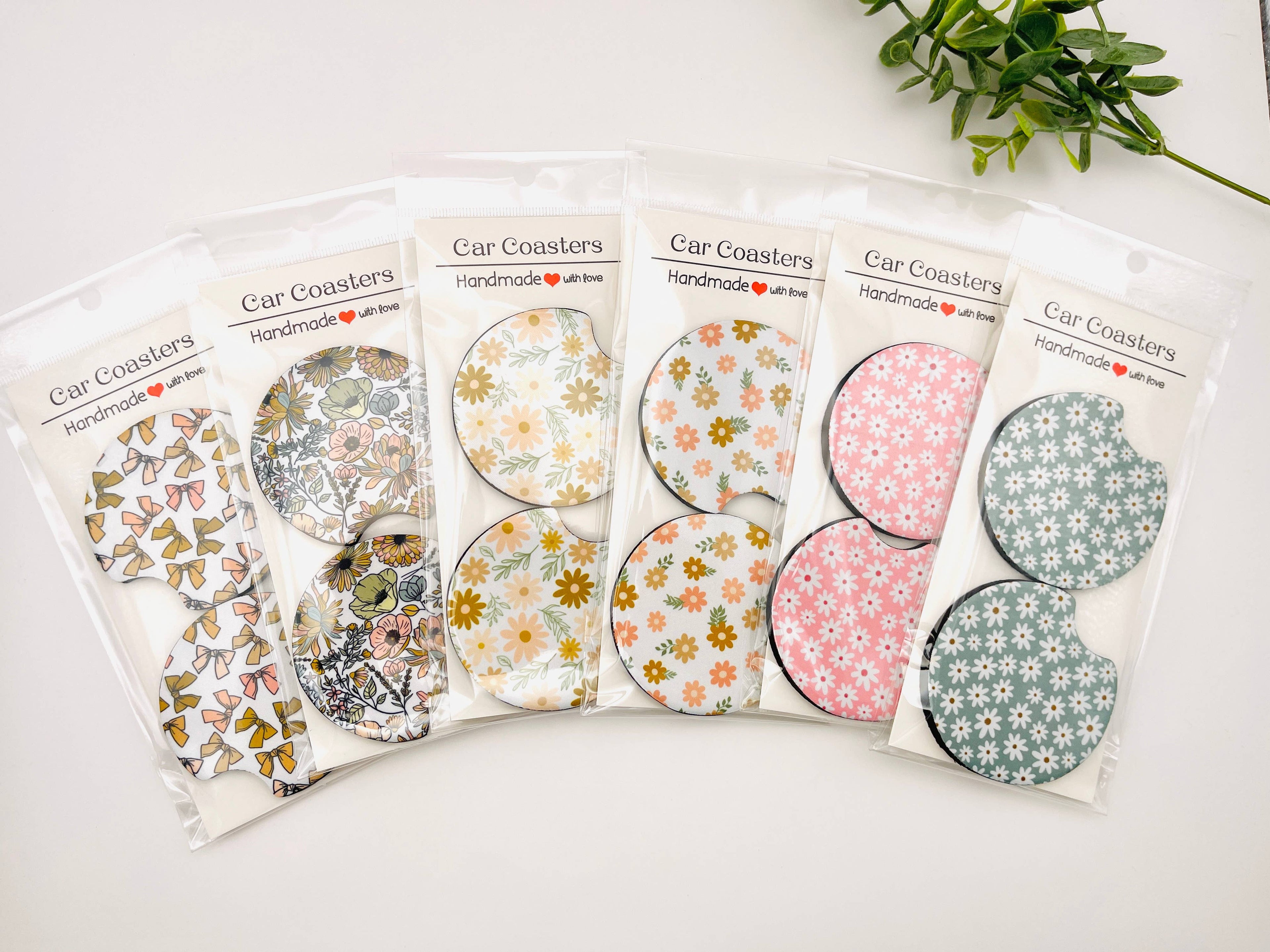 Car Coasters – Set of 2 | Neutral Floral & Bow Prints Summer