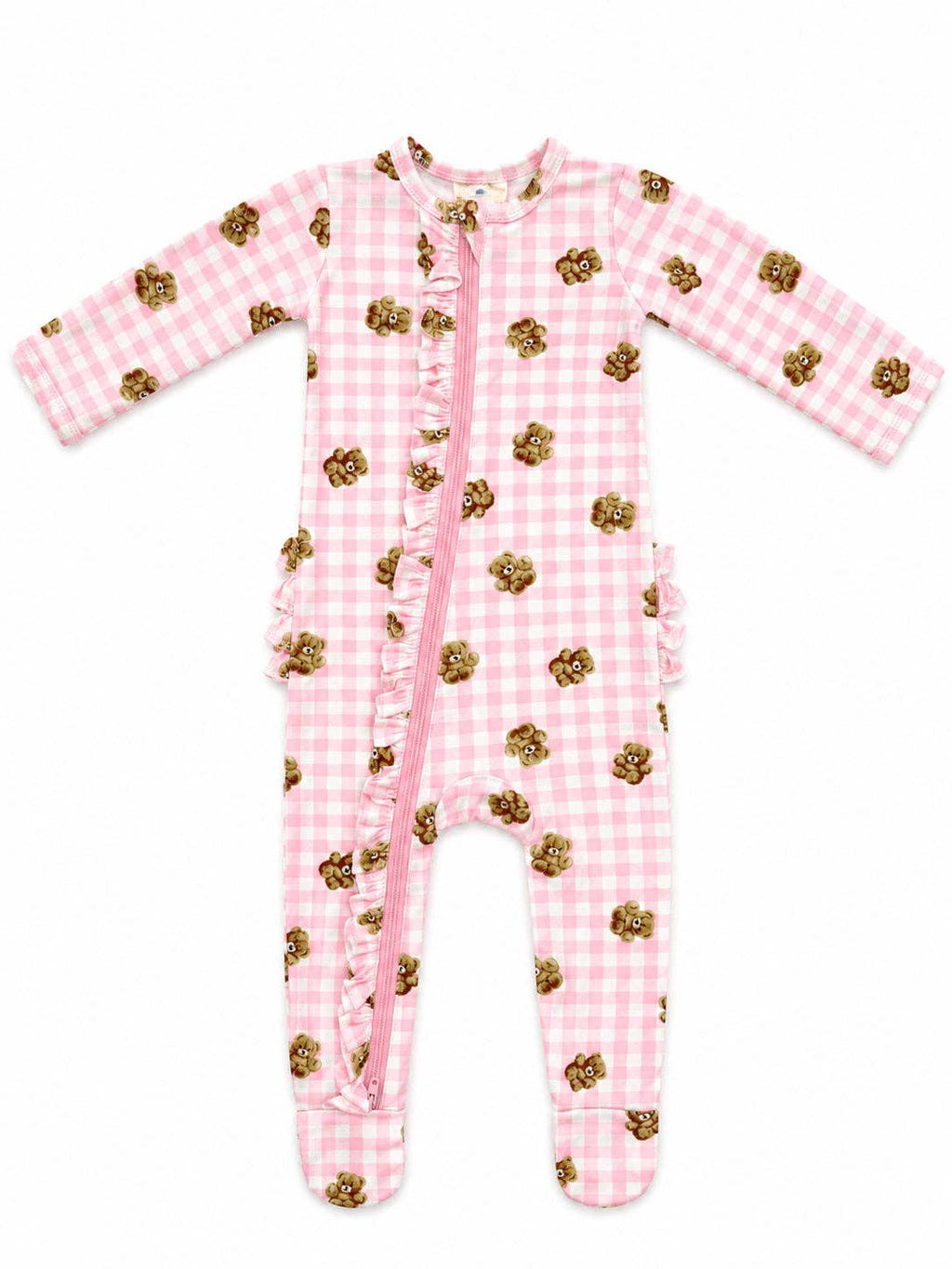 Pink Gingham Teddy Bear Ruffle Zip-Up Footie
