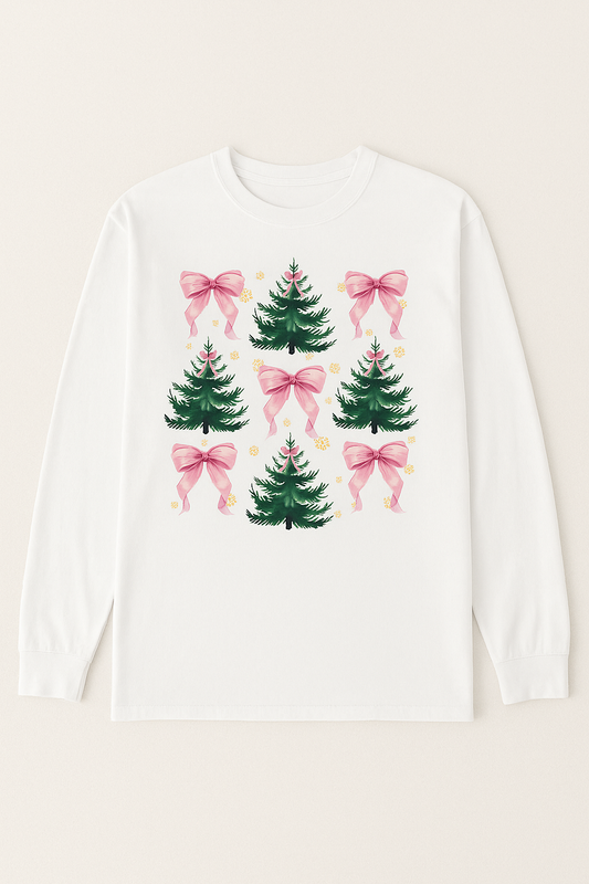 🎀 Christmas Tree & Pink Bow Long Sleeve