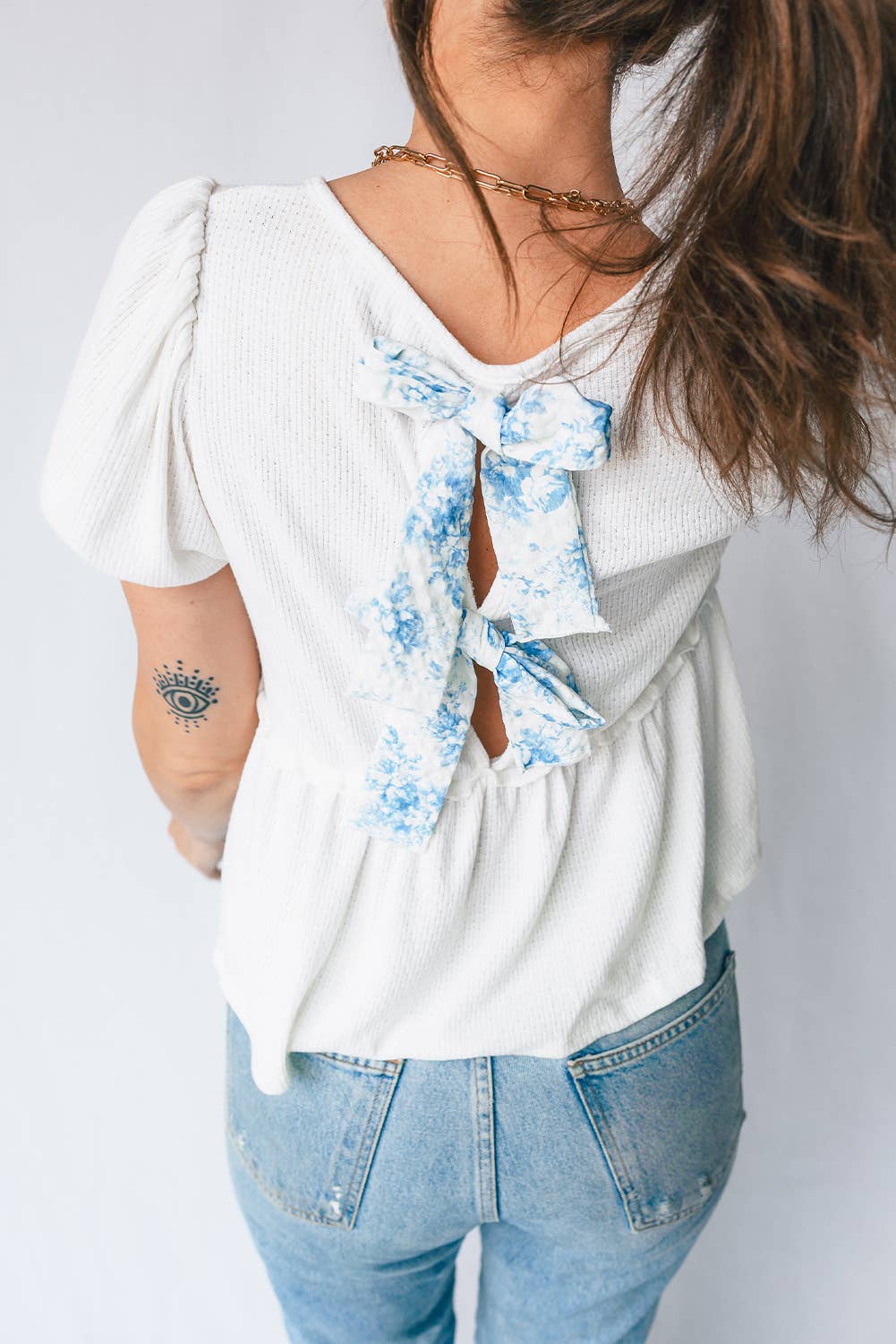 Textured Knit V Neck Back Bow Knot Top | S-XL