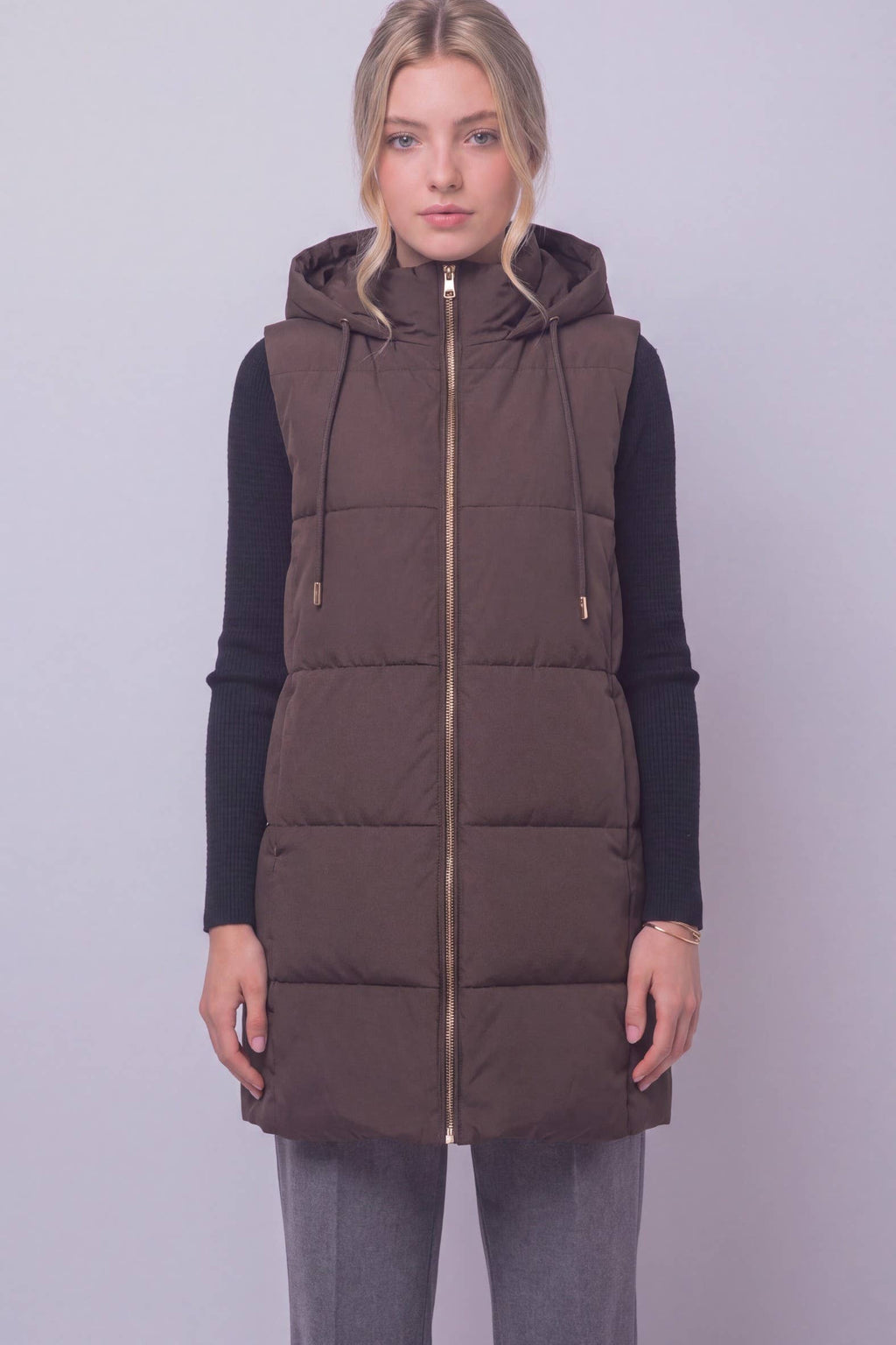 Mocha Longline Hooded Puffer Vest