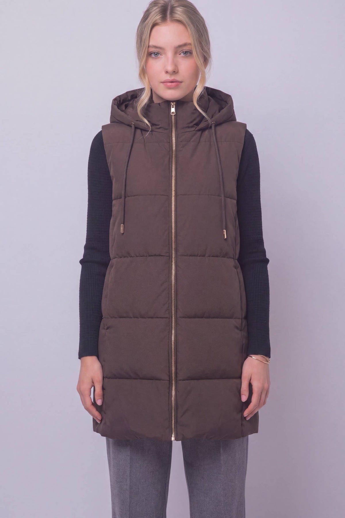 Mocha Longline Hooded Puffer Vest
