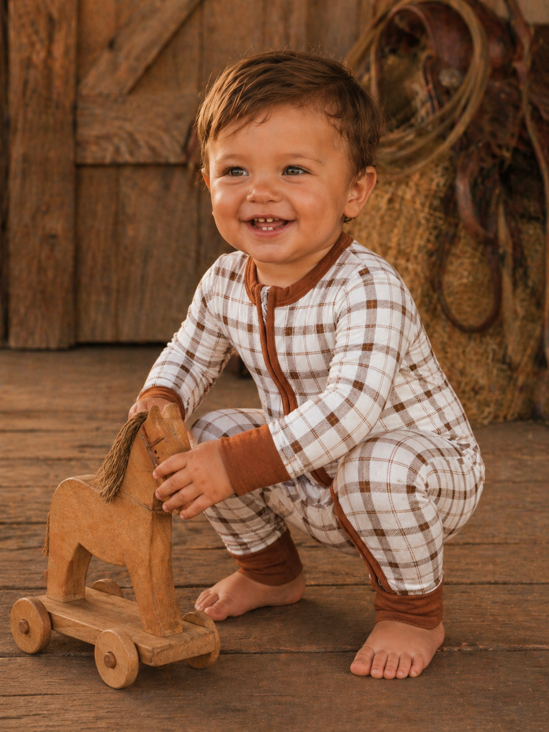 Rust & Cream Plaid Zip-Up Baby Romper