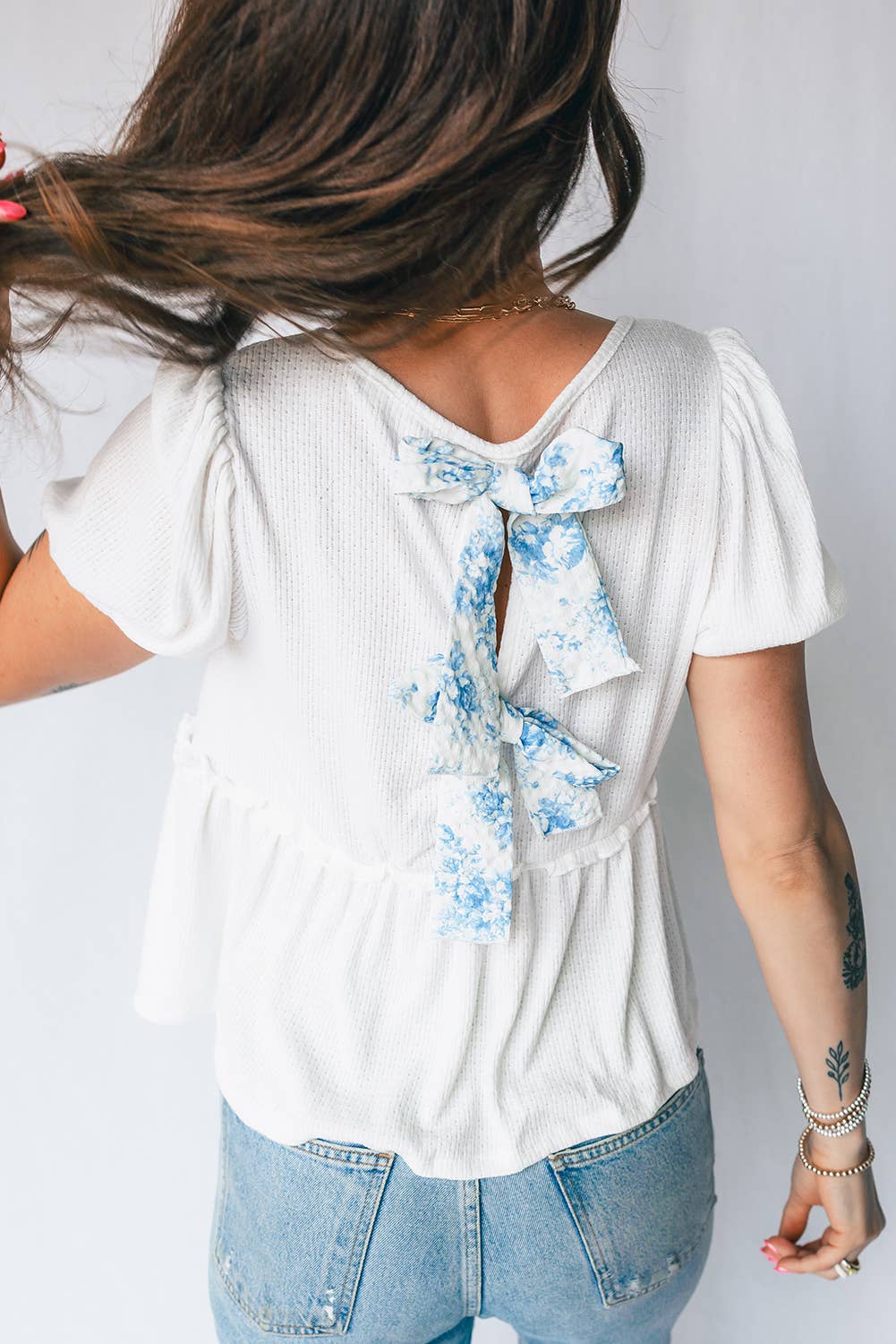 Textured Knit V Neck Back Bow Knot Top | S-XL