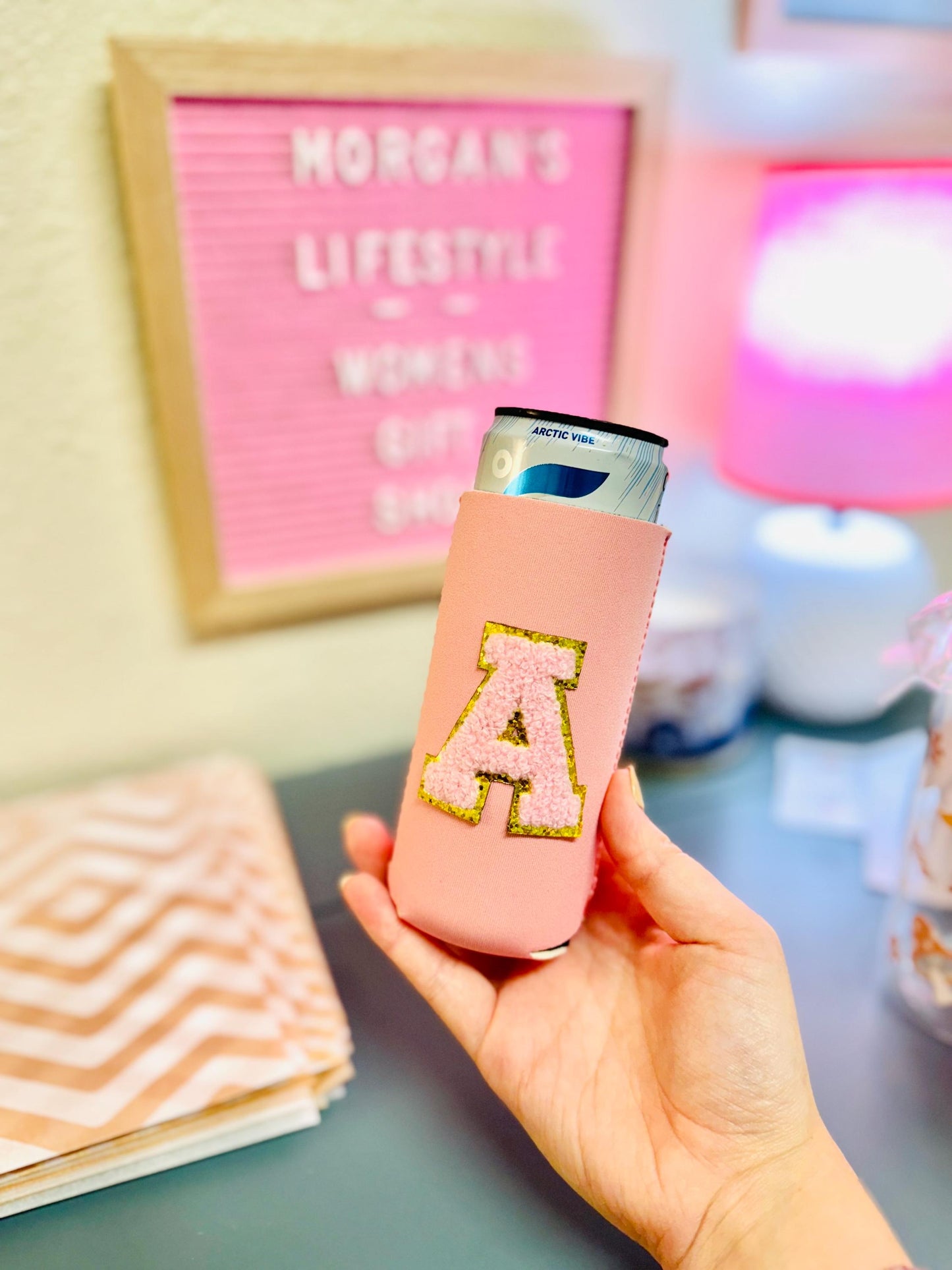 Skinny Can Cooler with Initials Letter Patches for Women and Girls - Perfect for Drinkware and Water bottles