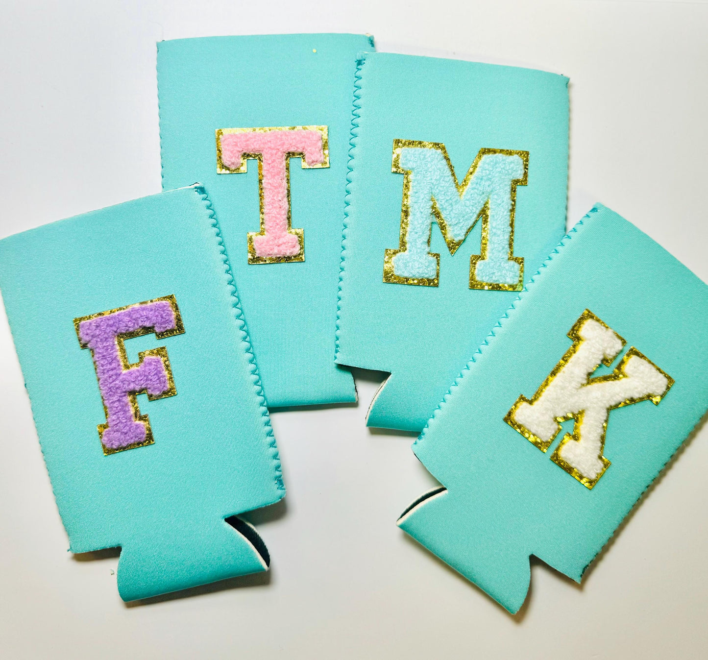 Skinny Can Cooler with Initials Letter Patches for Women and Girls - Perfect for Drinkware and Water bottles