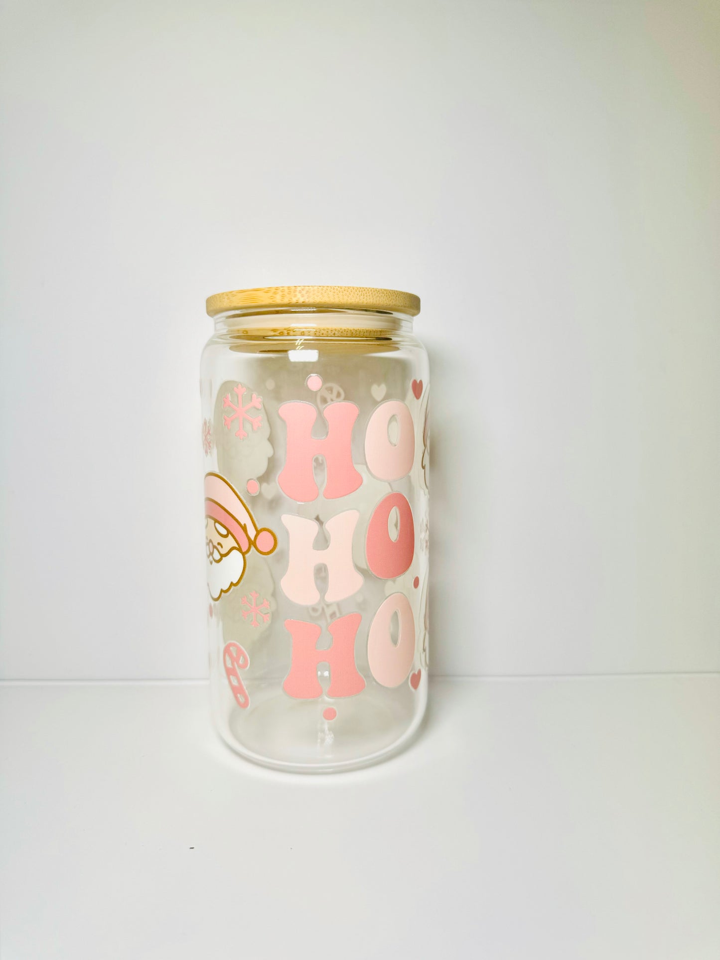 Santa Ho Ho Ho Christmas 16oz Glass Cup with Vibrant DTF Wrap