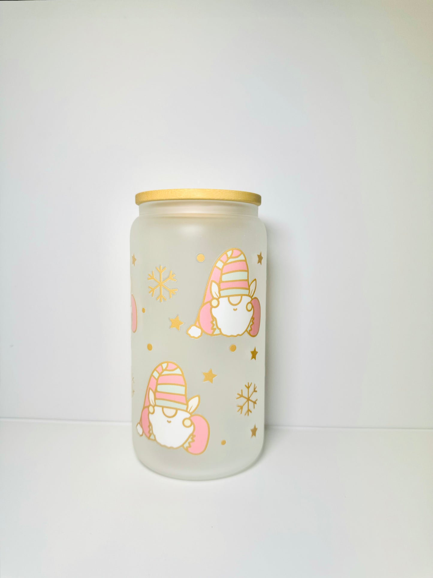 Gnomes Christmas 16oz Glass Cup with Vibrant DTF Wrap
