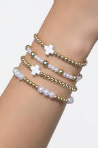 Multi Layered Cross Pearl Decor Beaded Elastic Bracelet