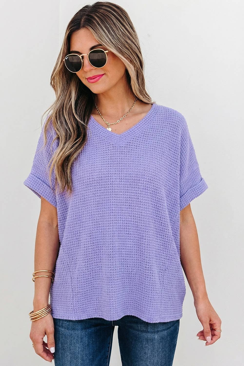Waffle Texture V Neck Short Sleeve Knit Top | S-XL