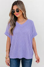 Waffle Texture V Neck Short Sleeve Knit Top | S-XL