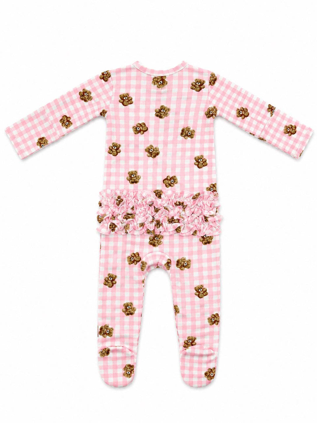 Pink Gingham Teddy Bear Ruffle Zip-Up Footie
