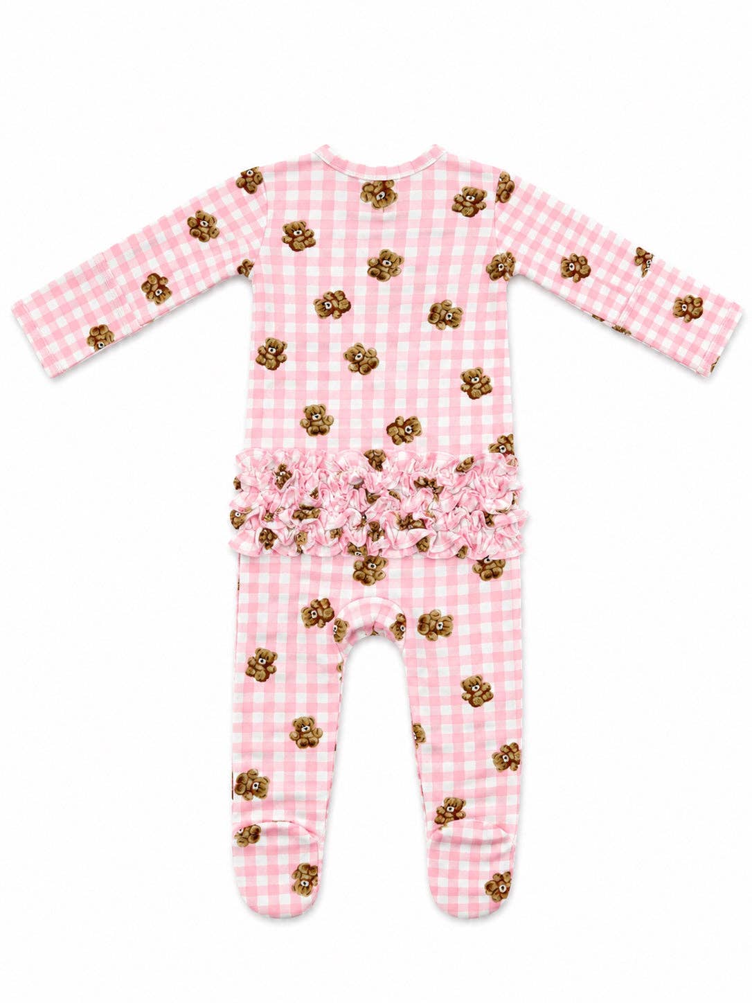 Pink Gingham Teddy Bear Ruffle Zip-Up Footie
